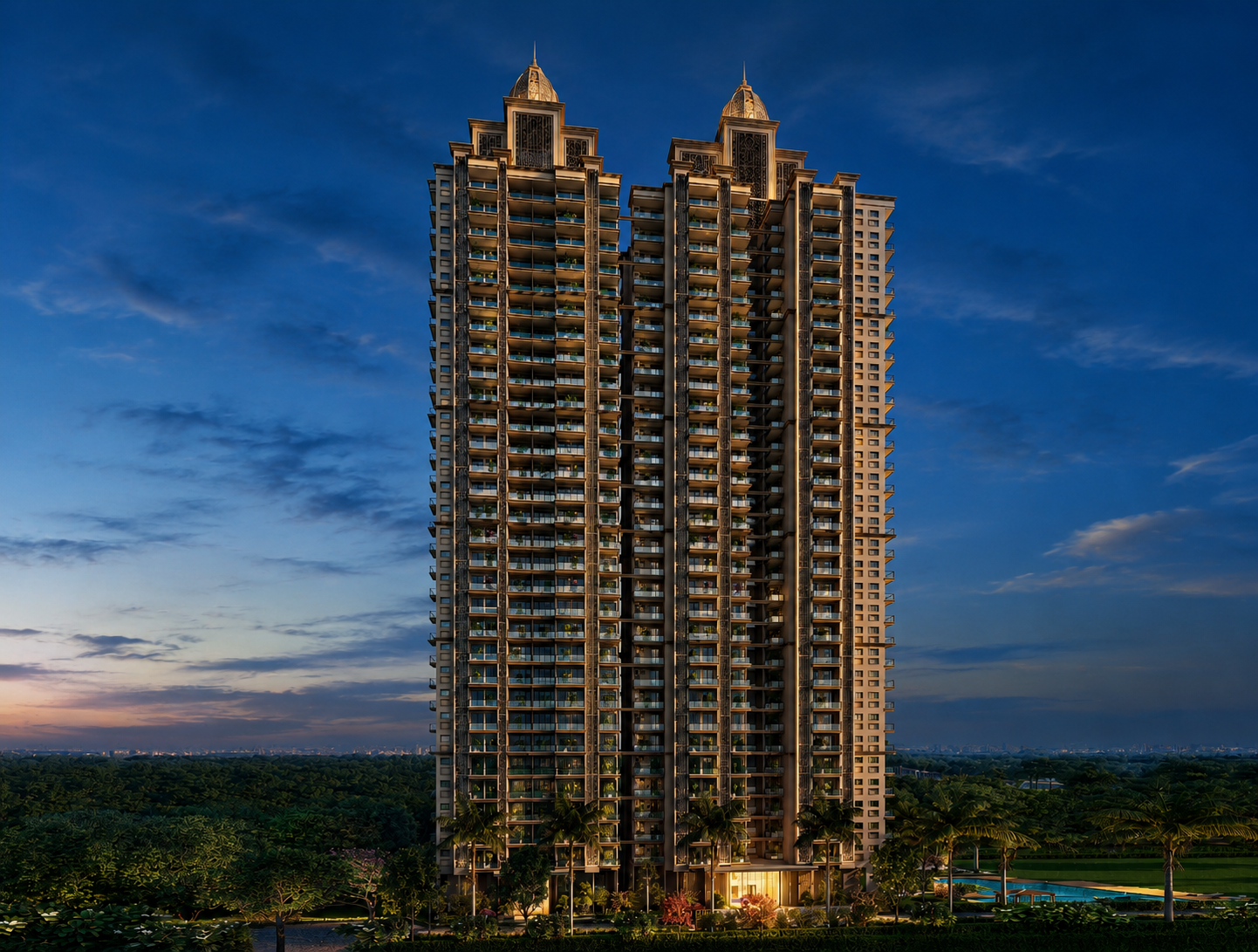 Kashi Nirmal Heights twin towers at dusk